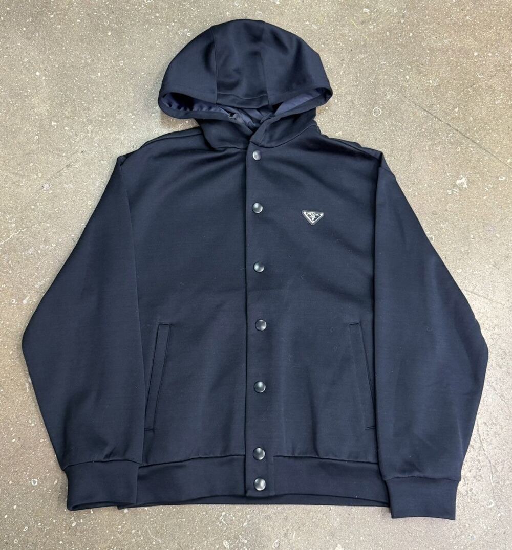 Prada Logo Hooded Button Up Navy Jacket
